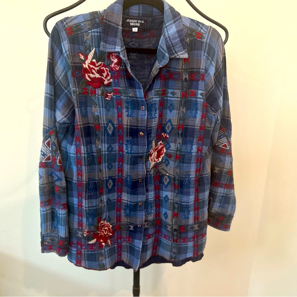 JOHNNY WAS WORKSHOP Cotton Plaid Shirt FABULOUS EMBROIDERY!  Small